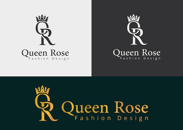 Logotipo da rainha do alfabeto QR com uma coroa em preto e branco com uma bela cor dourada gradiente