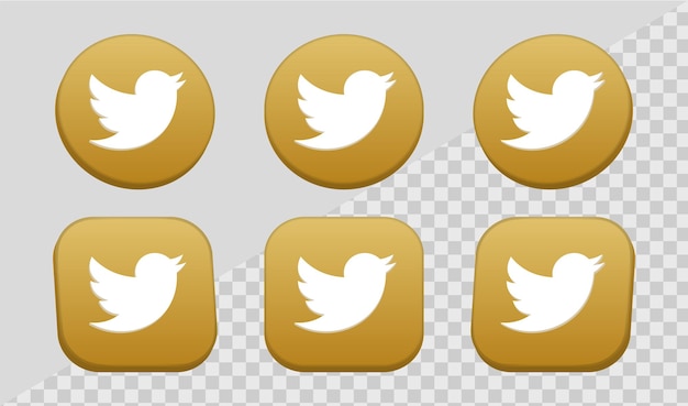 logotipo do ícone do twitter 3d no círculo de ouro moderno e moldura quadrada para ícones de logotipos de mídia social 3d