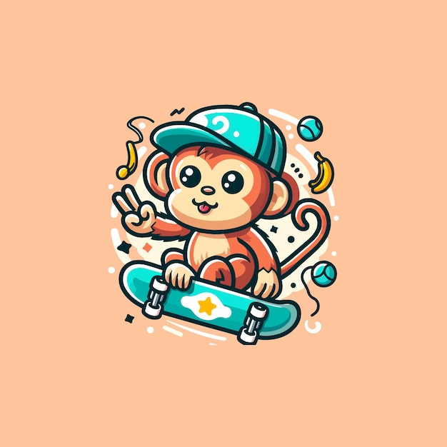 Vetor macaco bonito brincando de skate ilustração de ícone vetorial de desenho animado ícone de esporte animal conceito isolado