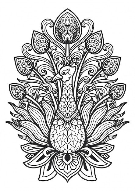 Mandala para colorir o design do pavão de página.