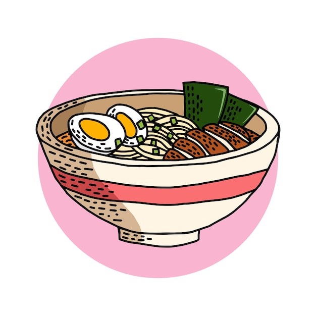 mão desenhada de katsu ramen em delicioso caldo com nori e ovo