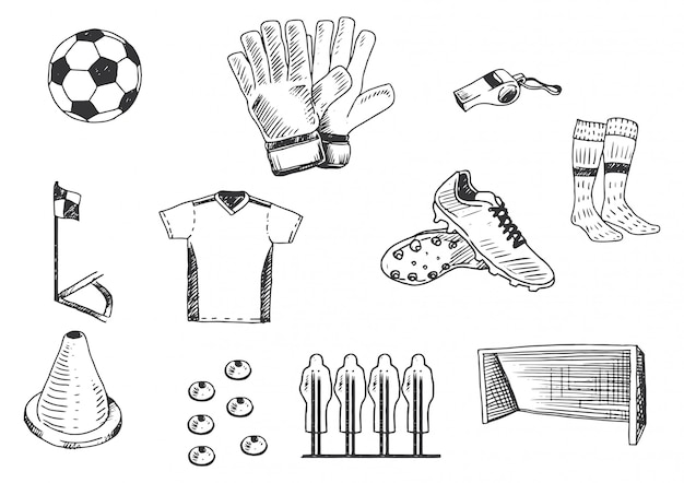 mão que desenha o jogo da ilustração do equipamento de treinamento do futebol.