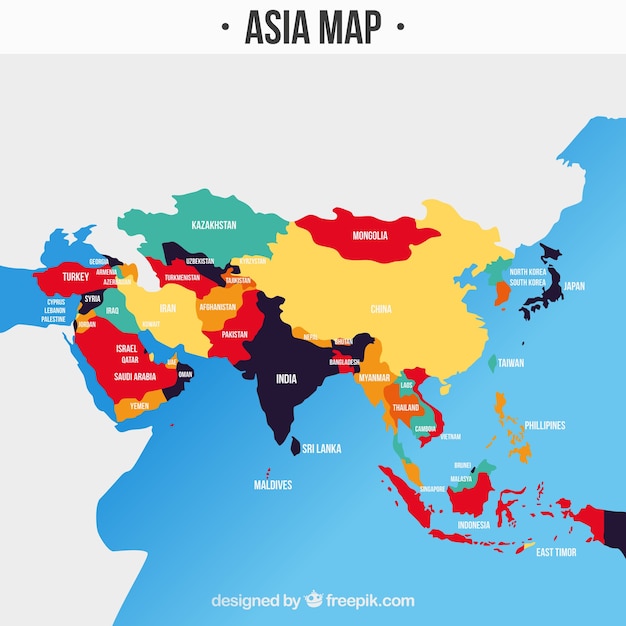 Vetor mapa do continente da ásia com cores diferentes