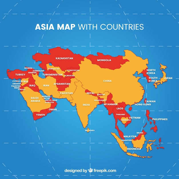 Vetor mapa do continente da ásia com cores diferentes