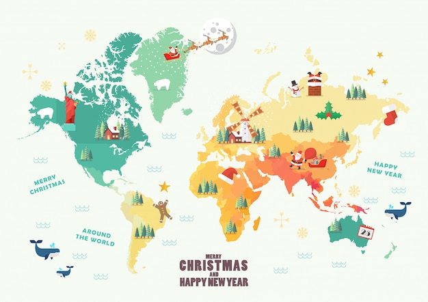 Mapa do mundo com elementos de Natal