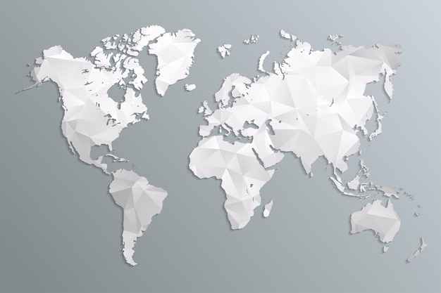 Mapa mundial cinza em estilo poligonal em fundo escuro.