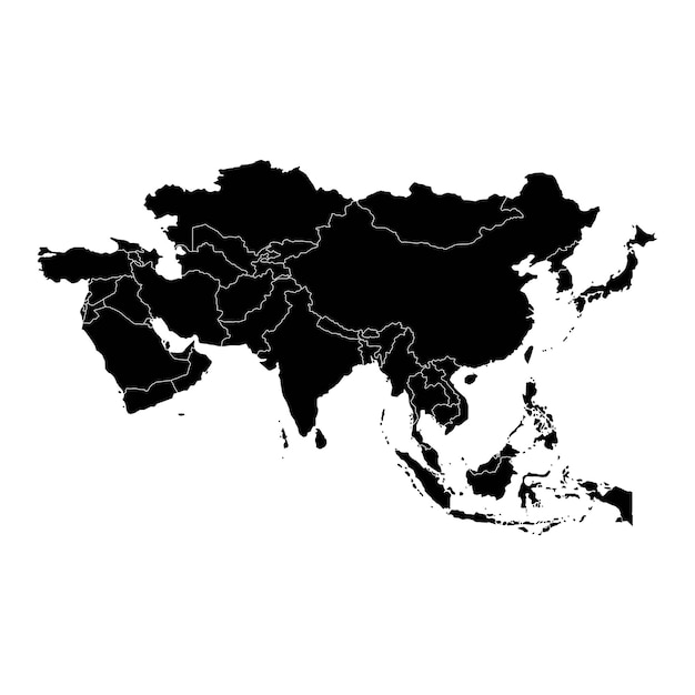 Vetor mapa preto isolado da ásia em fundo branco altamente detalhado com placa china japão coreia índia