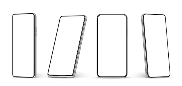 Maquete realista de smartphone. Celular com tela branca em branco, celular em diferentes ângulos de visão Molde isolado do vetor 3d. Ilustração da tela do smartphone, telefone em branco