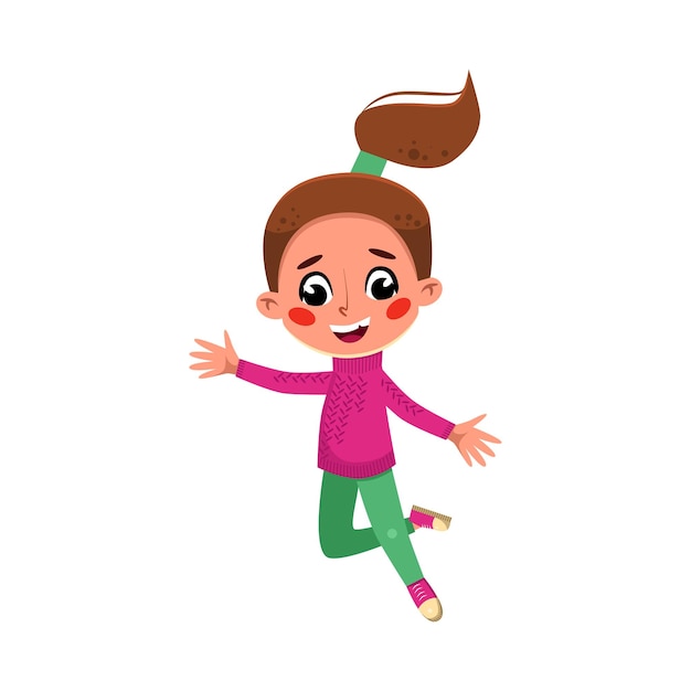 Menina bonita com cauda de cavalo feliz saltando Criança de pré-escola bonita se divertindo comemorando férias fazendo esportes Ilustração vetorial de estilo desenho animado I