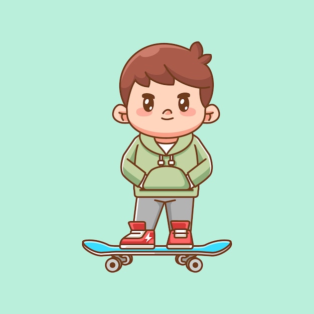 Menino bonito jogando skate kawaii chibi personagem mascote esboço de ilustração