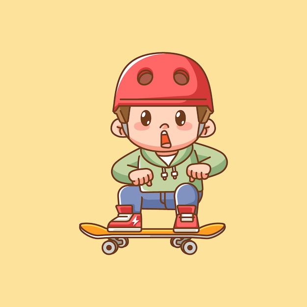 Menino bonito jogando truque de skate kawaii chibi personagem mascote ilustração estilo de contorno