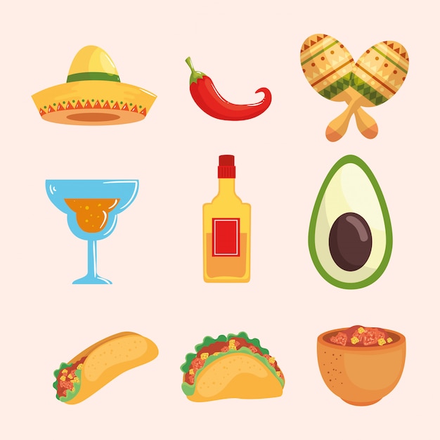 Mexicano, chapéu, pimenta, maracas, coquetel, tequila, garrafa, abacate, burrito, taco, e, tigela