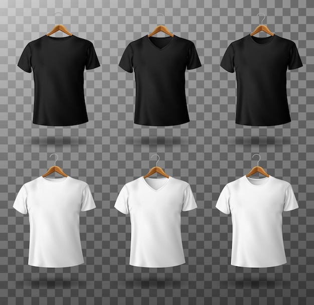 Vetor modelagem de camiseta camiseta masculina preta e branca com mangas curtas em ganchos de madeira modelo de frente