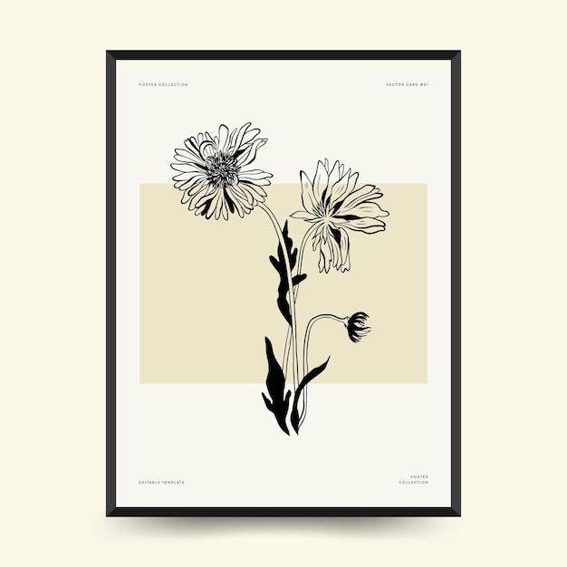 Modelo abstrato de cartazes florais. Moderno estilo preto na moda botânico. Flores vintage. Arte de parede de tinta