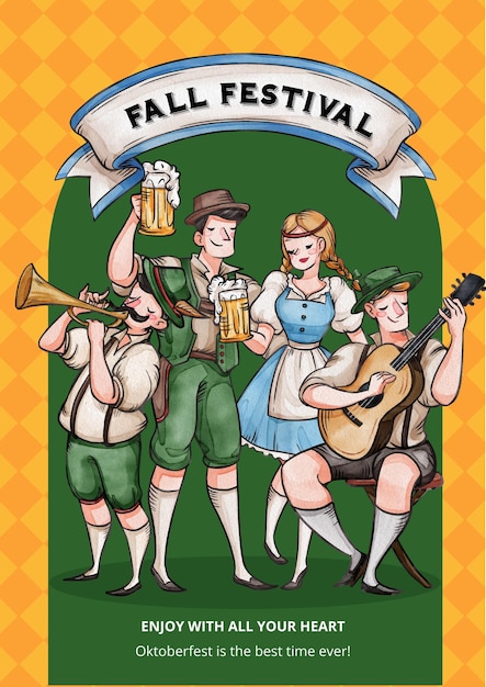 Vetor modelo de cartaz com conceito festivo oktoberfestestilo aquarela