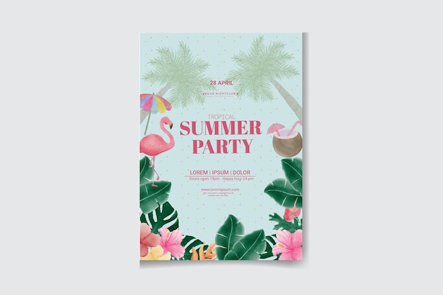 Modelo de cartaz de festa de noite de verão em aquarela com folhas e flores