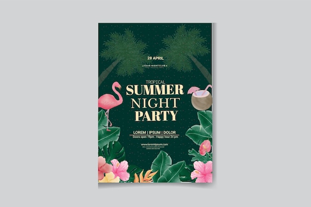 Modelo de cartaz de festa de noite de verão em aquarela com folhas e flores