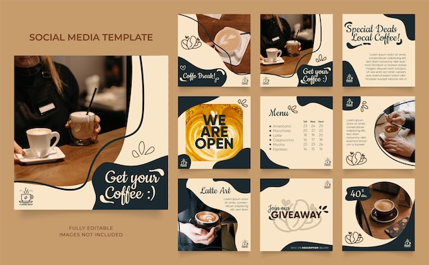 Modelo de mídia social banner blog promoção de venda de café totalmente editável instagram e facebook post quadro quadrado quebra-cabeça cartaz de venda orgânica bebida e fundo de vetor de bebidas