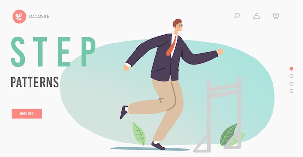 Modelo de página de destino de salto de obstáculo. Personagem de homem de negócios corrida corrida no estádio saltando sobre a barreira. Liderança de empresário, desafio de competição de líder de sucesso. Ilustração vetorial de desenho animado