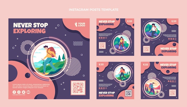 Modelo de postagens de instagram de trekking de design plano