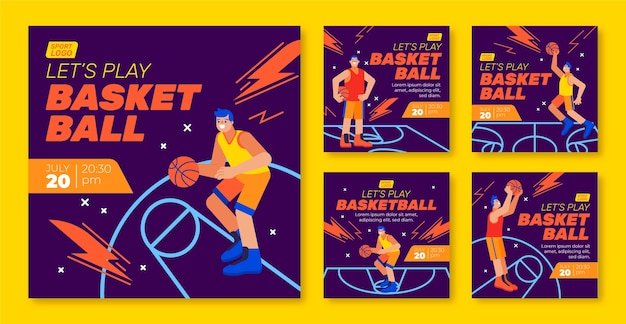 Modelo de postagens do instagram de basquete de design plano