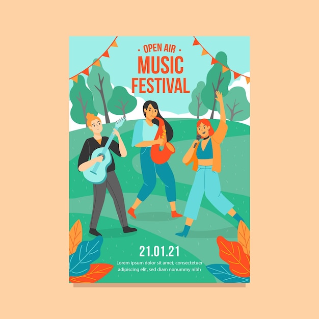 Vetor modelo de pôster de festival de música ao ar livre ilustrado