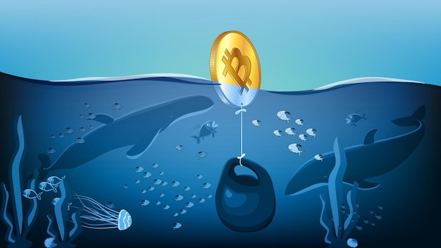 Moeda de ouro BTC é puxada para o fundo do oceano com peso pesado onde as baleias estão esperando Afundando bitcoin no oceano com vida marinha