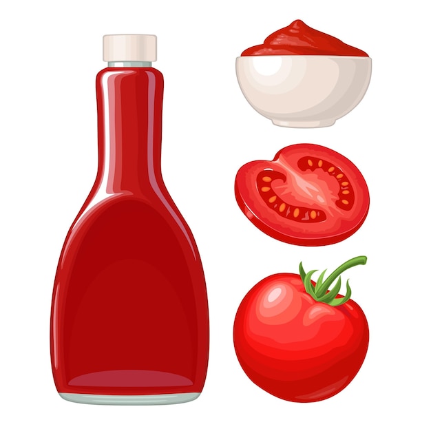 Vetor molho de tomate de garrafa de ketchup em um prato de tomate vector plana