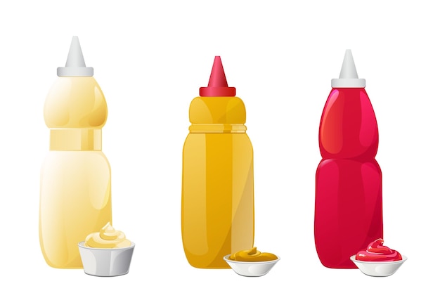 Molhos de mostarda e maionese de ketchup em garrafas com ilustração vetorial realista isolada