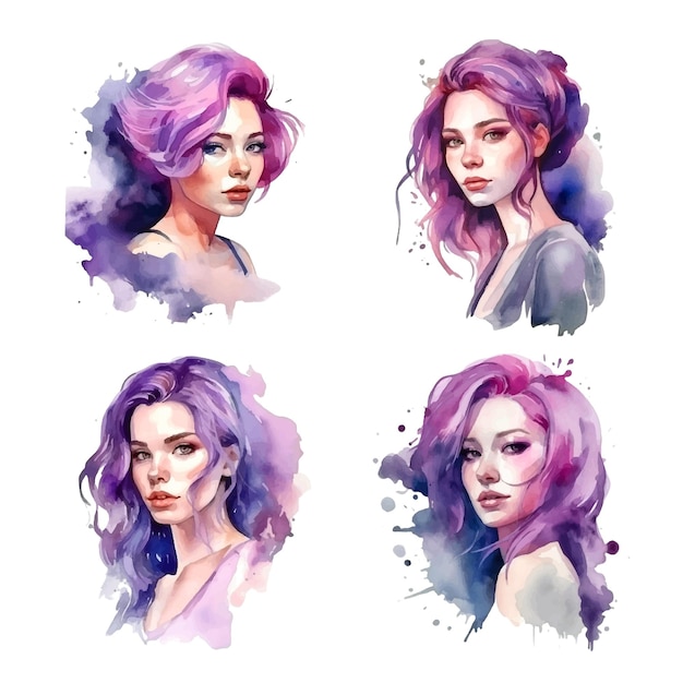 Mulher com tinta aquarela de penteado roxo