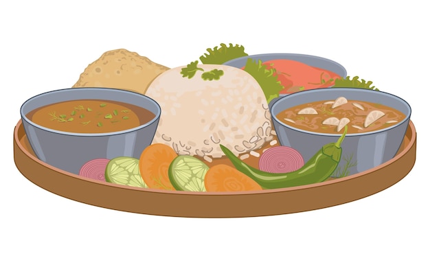 Vetor nepalês thali set dal bhat prato vegetariano vector estilo plano comida simples para fortalecer nas montanhas