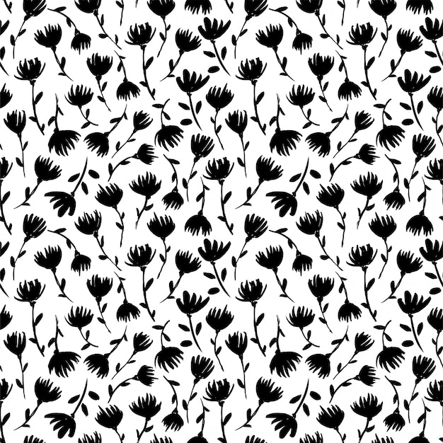 Padrão sem emenda floral preto e branco. Silhuetas de flores silvestres delicadas mão ilustrações desenhadas.