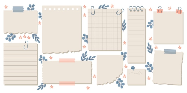 Vetor páginas de papel de caderno vazio vazio com flores e folhas decoração coleção isolada