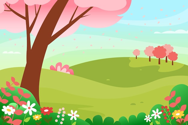 Paisagem de manhã de primavera em flor ilustração vetorial colorida