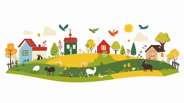 Vetor paisagem rural com animais de estimação em design de vetor plano