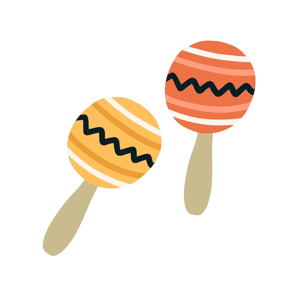 Par de maracas mexicanas. Instrumento musical de percussão brasileiro. Ilustração em vetor plana colorida de abanadores de rumba hispânicos isolados no fundo branco.