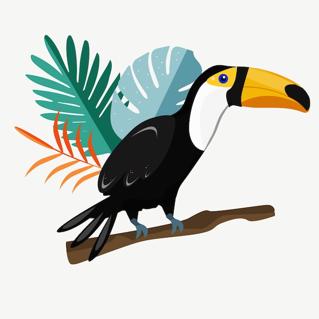 Vetor pássaro tucano em um galho com ilustração vetorial de verão de folhas tropicais