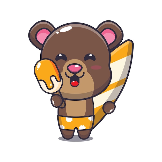 Personagem de mascote de desenho animado de urso fofo com prancha de surf segurando gelo