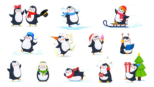 Vetor personagens de desenhos animados de pinguins bonitos atividades de inverno