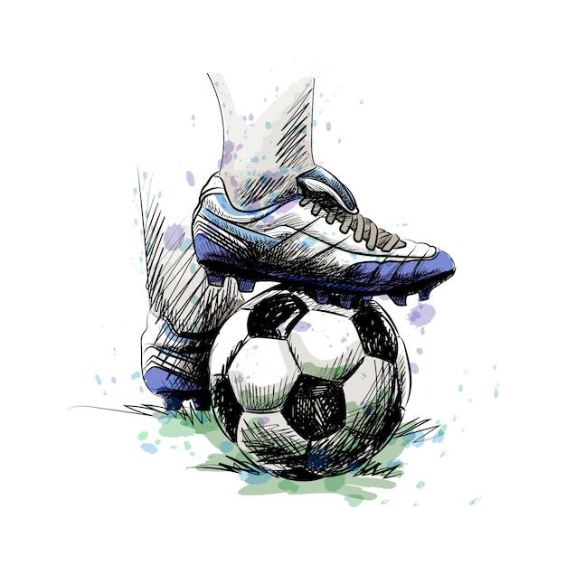 Vetor pés de jogador de futebol pisando na bola de futebol para o pontapé inicial em um fundo branco