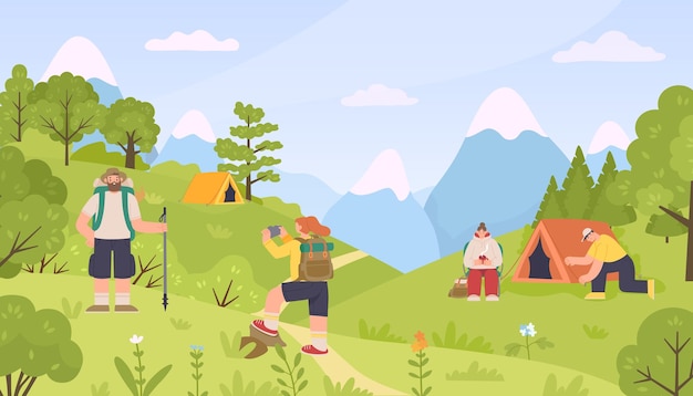 Pessoas acampadas explorando caminhadas na floresta e trekking Vector aventura de ilustração ativa ao ar livre na montanha