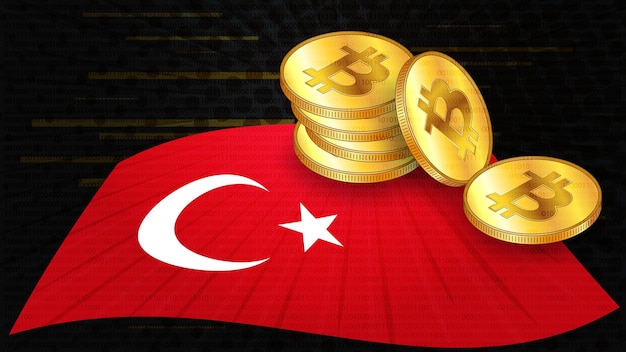 Pilhas de moedas de ouro do Bitcoin BTC na bandeira colorida da Turquia em fundo digital escuro Banco Central da Turquia adota leis sobre ativos digitais CBDC