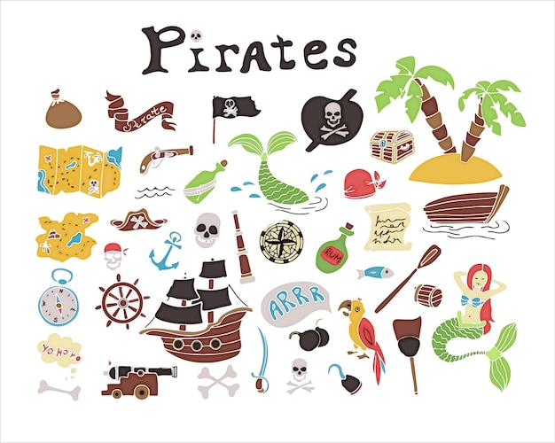 Pirata do doodle do vetor definir um mapa com um esboço desenhado à mão de um navio da sereia e um modelo de itens piratas.