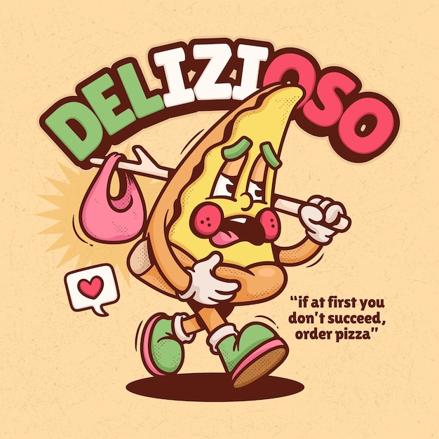 Pizza italiana na moda retrô desenho vetorial desenhado à mão