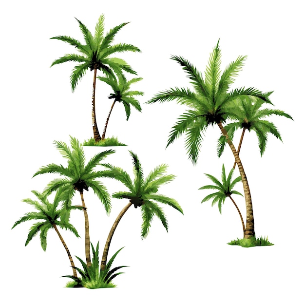 Plantas da floresta tropical conjunto realista de palmeiras de coco com folhas verdes isoladas em ba branco