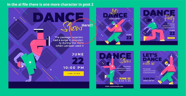 Postagens do instagram de show de dança de design plano