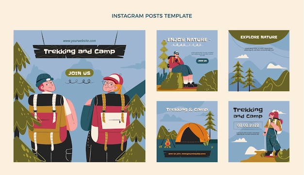 Postagens do instagram de trekking desenhadas à mão