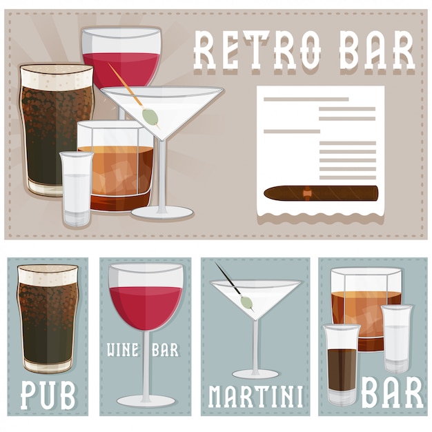 Poster retro de bar com copos de bebidas diferentes