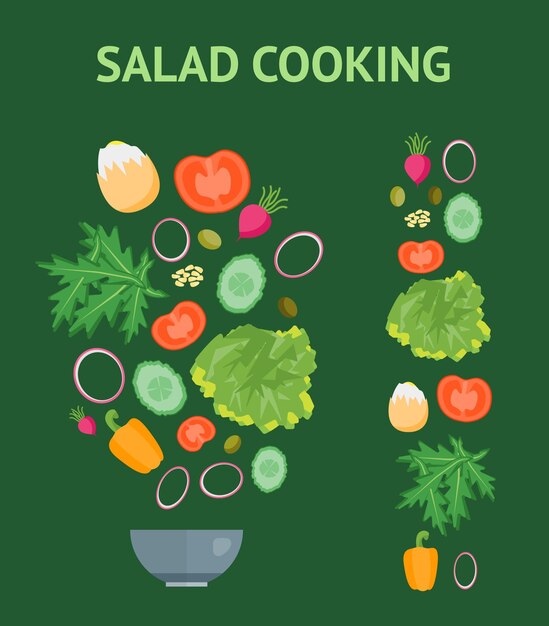 Vetor prato de desenho animado e ingredientes definir estilo de design plano cozinhando o conceito de salada para ilustração vetorial de restaurante de cozinha