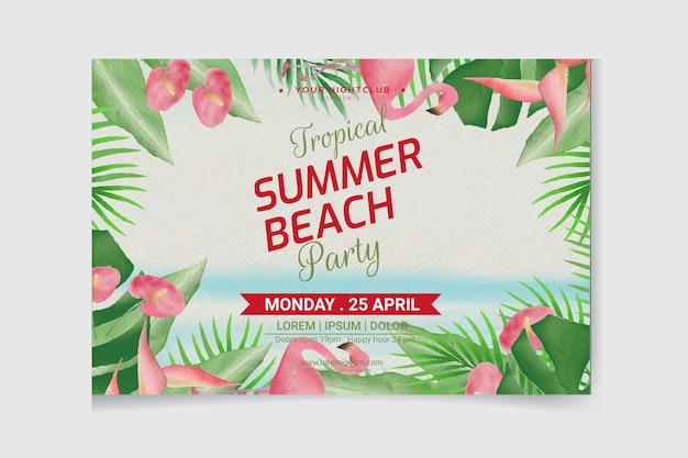 Projeto de banner de festa de praia de verão com flores e folhas de palmeira tropicais.